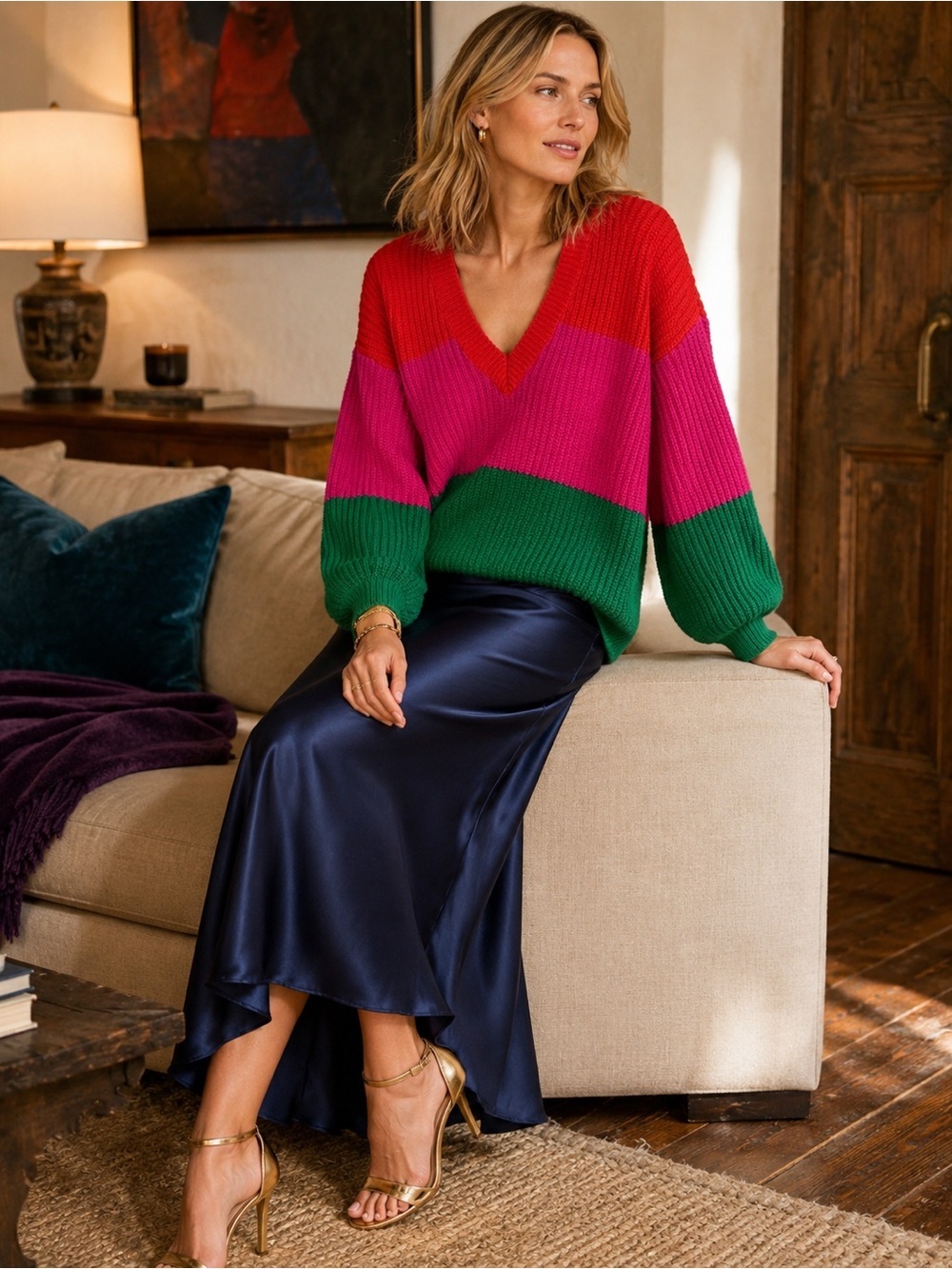 Show Me Your Mumu Mina Feliz Stripe Oversized V Neck Sweater XS - Picture 2 of 16